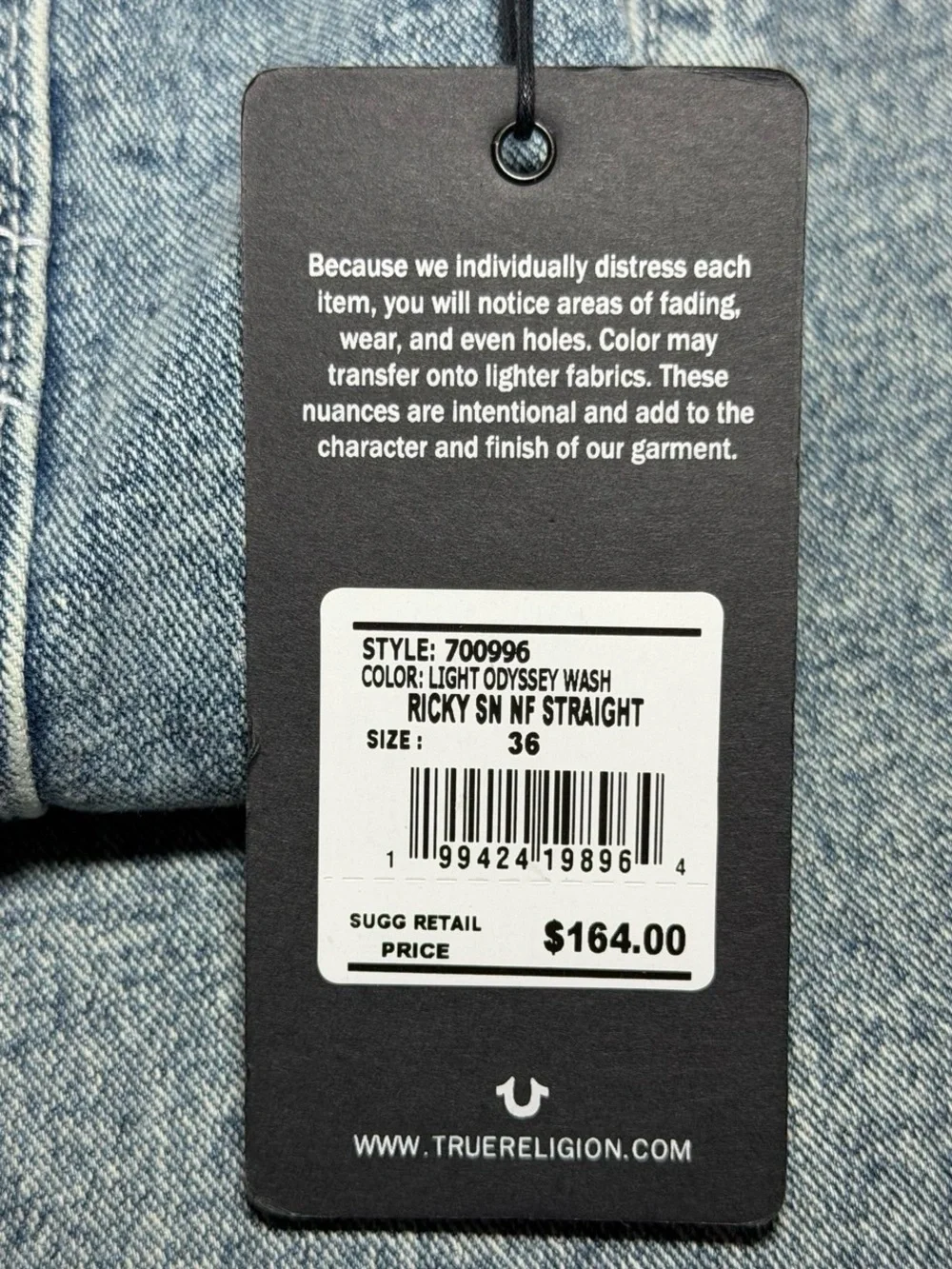 $164 True Religion Relaxed Straight Jeans in Light Blue ~ W36xL34 ~ NEW